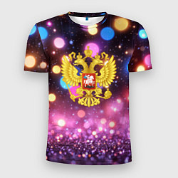 Мужская спорт-футболка Герб России на фоне бокке