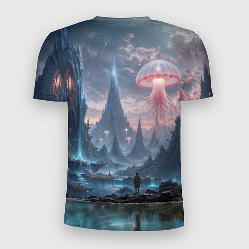 Мужская спорт-футболка Фантастический мир с медузами и озеро у гор / 3D-принт – фото 2