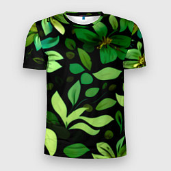 Футболка спортивная мужская Чёрный с зелёными крупными цветами, цвет: 3D-принт