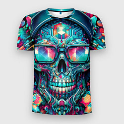 Футболка спортивная мужская Кибер череп в балахоне и очках - нейроарт фантазия, цвет: 3D-принт
