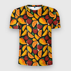 Футболка спортивная мужская Ягоды и фрукты в паттерне: малина манго апельсин, цвет: 3D-принт