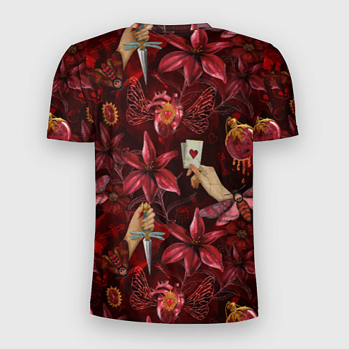 Мужская спорт-футболка Бордовая готика с сердцем, лилиями и мотыльками / 3D-принт – фото 2
