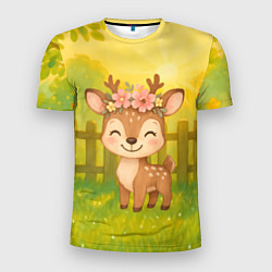 Мужская спорт-футболка Милый олененок на зеленом дворе