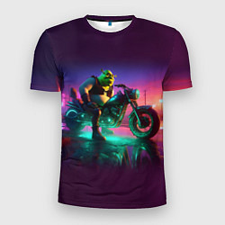 Мужская спорт-футболка Шрек на мотоцикле на закате - нейроарт фантазия