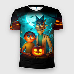 Футболка спортивная мужская Morty and Rick with pumpkin - neon halloween, цвет: 3D-принт
