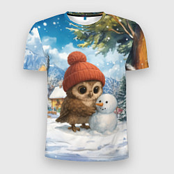 Футболка спортивная мужская Совушка в шапочке лепит снеговика, цвет: 3D-принт