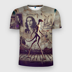 Футболка спортивная мужская Пришелец идёт вдоль стены с рваными афишами, цвет: 3D-принт