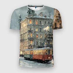 Мужская спорт-футболка Трамваи в зимнем Санкт-Петербурге