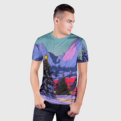 Футболка спортивная мужская Новогодние елки в горном городке, цвет: 3D-принт — фото 2