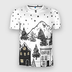 Мужская спорт-футболка Заснеженный черно-белый город