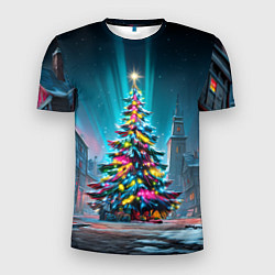 Мужская спорт-футболка Новогодняя елка в гирляндах