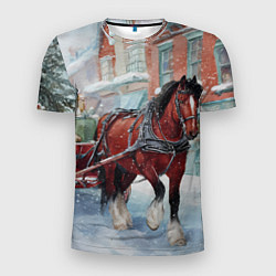 Футболка спортивная мужская Лошадка с новогодней повозкой, цвет: 3D-принт