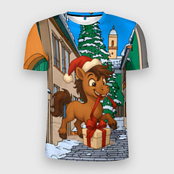 Мужская спорт-футболка Лошадка распаковывает новогодний подарок