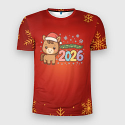 Мужская спорт-футболка Новогодняя лошадка 2026 на красном фоне