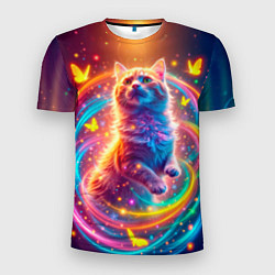 Футболка спортивная мужская Игривый кот в неоновых всполохах, цвет: 3D-принт
