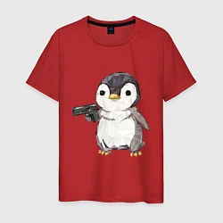 Футболка хлопковая мужская Пингвин с пистолетом, цвет: красный