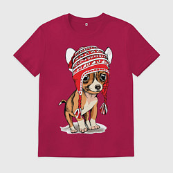 Футболка хлопковая мужская Чихуахуа в шапочке, цвет: маджента