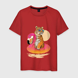 Футболка хлопковая мужская Тигр на фламинго, цвет: красный