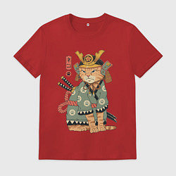 Футболка хлопковая мужская Кот Самурай, цвет: красный
