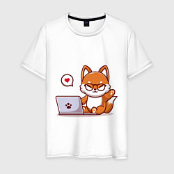 Футболка хлопковая мужская Cute fox and laptop, цвет: белый