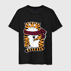 Футболка хлопковая мужская Недовольный тигр с бокалом вина, цвет: черный