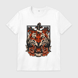 Футболка хлопковая мужская Японский дерзкий тигр, цвет: белый