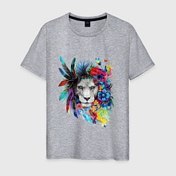 Футболка хлопковая мужская Лев в цветах и перьях, цвет: меланж