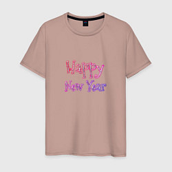 Футболка хлопковая мужская Неоновая Надпись Новый Год Happy New Year, цвет: пыльно-розовый