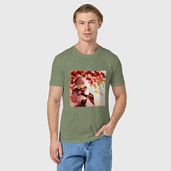 Футболка хлопковая мужская Каэдэхара Кадзуха с котенком Геншин Импакт, цвет: авокадо — фото 2