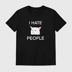 Футболка хлопковая мужская I hate people, текст с белым мемным котом, цвет: черный