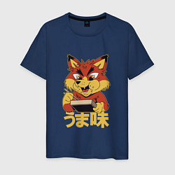 Футболка хлопковая мужская Japanese Fox Eating Ramen Японская лиса ест Рамен, цвет: тёмно-синий