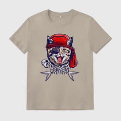 Футболка хлопковая мужская Кот пират и рыбьи кости, цвет: миндальный