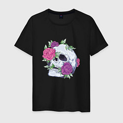 Футболка хлопковая мужская Череп с цветами Flower Skull, цвет: черный