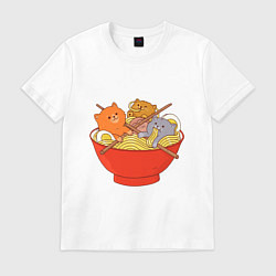 Футболка хлопковая мужская THREE CATS EATING NOODLES, цвет: белый