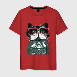 Футболка хлопковая мужская Умный кот в очках в новогоднем свитере, цвет: красный