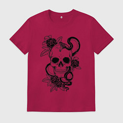 Футболка хлопковая мужская Чёрная мамба обвивает череп и розы, цвет: маджента