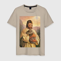 Футболка хлопковая мужская Иисус и капибара, цвет: миндальный