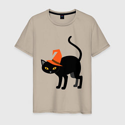 Футболка хлопковая мужская Чёрный хэллоуинский котик, цвет: миндальный