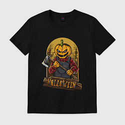 Футболка хлопковая мужская Хэллоуин тыква с топором, цвет: черный
