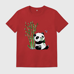 Футболка хлопковая мужская Панда бамбук и стрекоза, цвет: красный