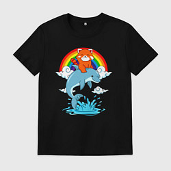 Футболка хлопковая мужская Красная панда верхом на дельфине, цвет: черный
