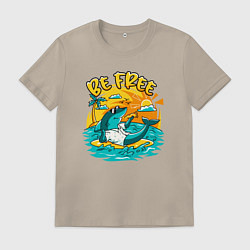 Футболка хлопковая мужская Акула серфингист будь свободным, цвет: миндальный