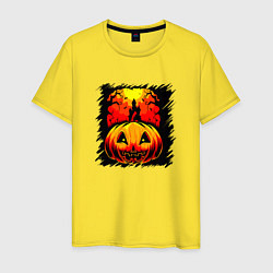 Футболка хлопковая мужская Жуткая тыква на Хэллоуин, цвет: желтый