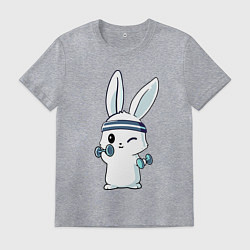 Футболка хлопковая мужская Прикольный зайчишка пауэрлифтер, цвет: меланж