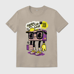 Футболка хлопковая мужская Ретро магнитофон в очках и бейсболке, цвет: миндальный