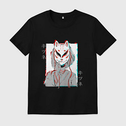 Футболка хлопковая мужская Аниме девушка в маске кицунэ, цвет: черный