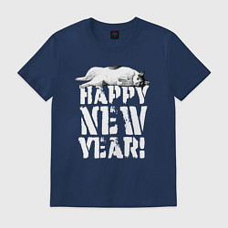Футболка хлопковая мужская Happy new year - кошечка, цвет: тёмно-синий
