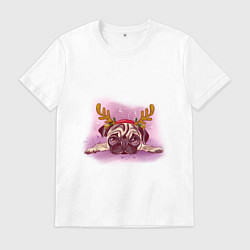 Футболка хлопковая мужская Мопс с оленьими рогами, цвет: белый