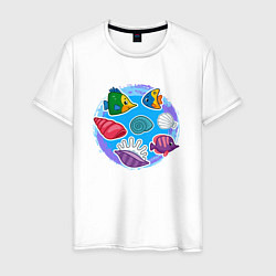 Футболка хлопковая мужская Рыбки и ракушки, цвет: белый