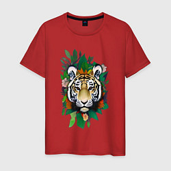 Футболка хлопковая мужская Голова Тигра среди листьев и цветов, Тигр символ 2, цвет: красный